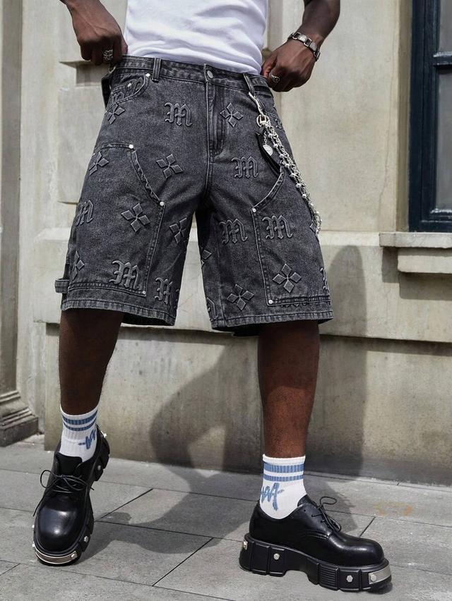 street life graphic embossed black denim cargo shorts