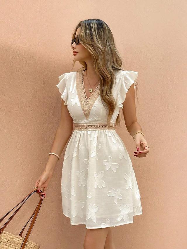 white jacquard butterfly ruffle sleeve v-neck dress
