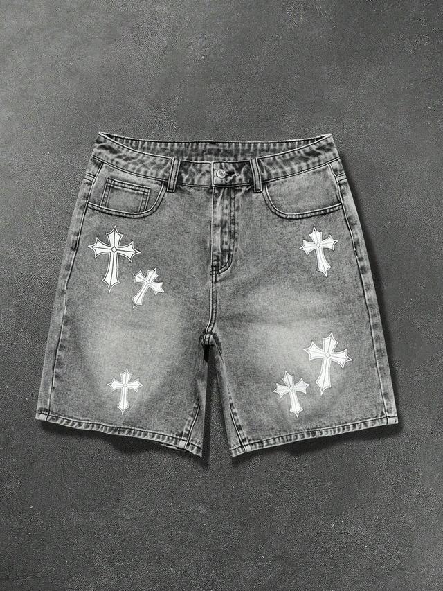 grey washed denim shorts with gothic cross patches