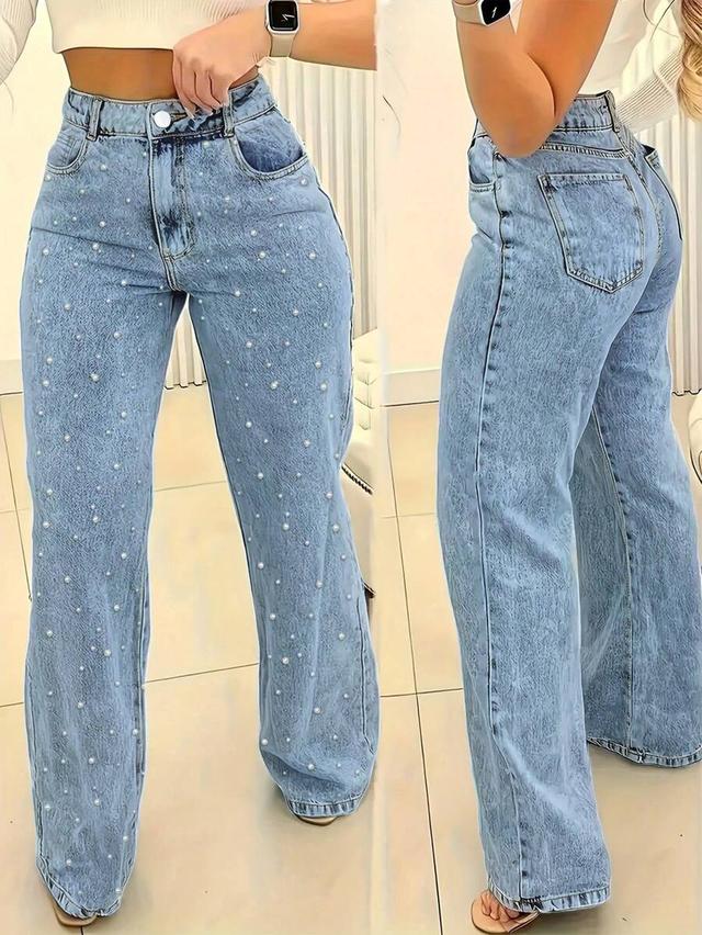 women's pearl embellished light wash straight leg jeans