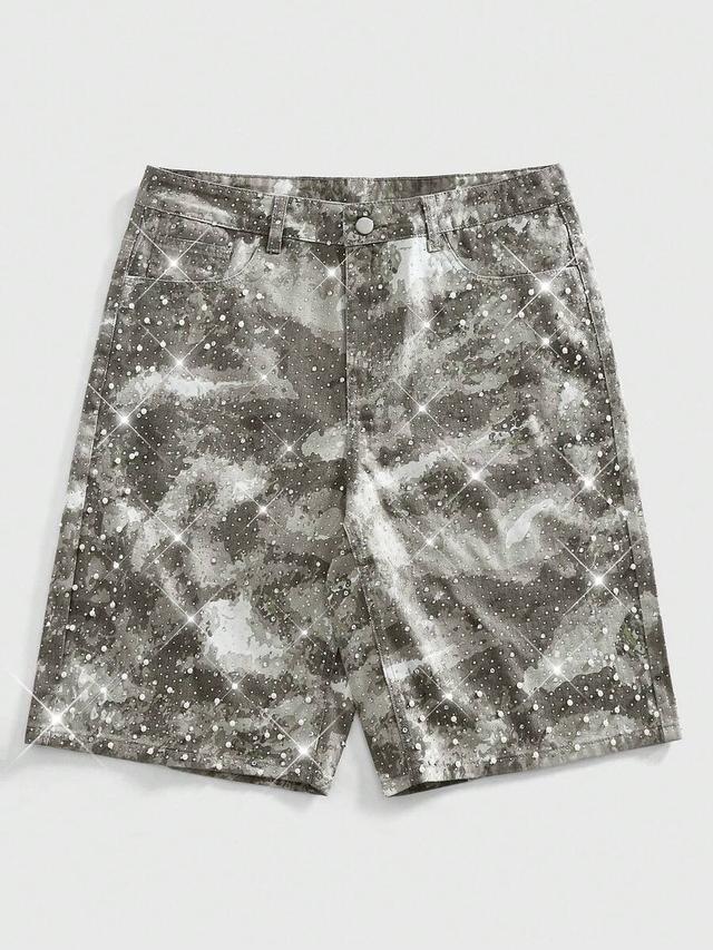 grey camo denim shorts with pearl and diamond embellishment