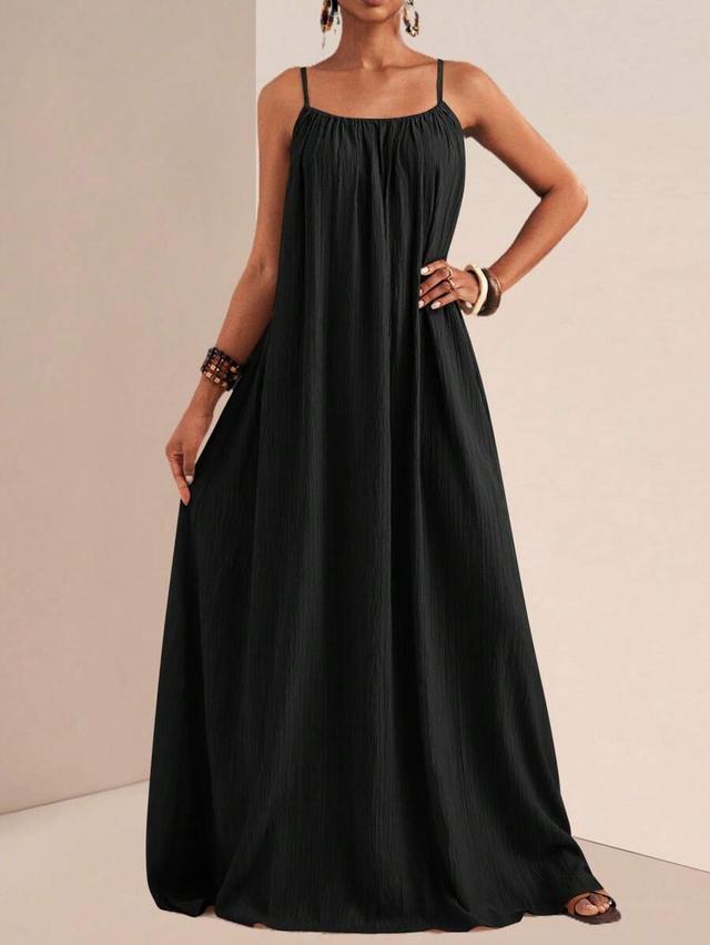 black textured fabric loose a-line maxi suspender dress