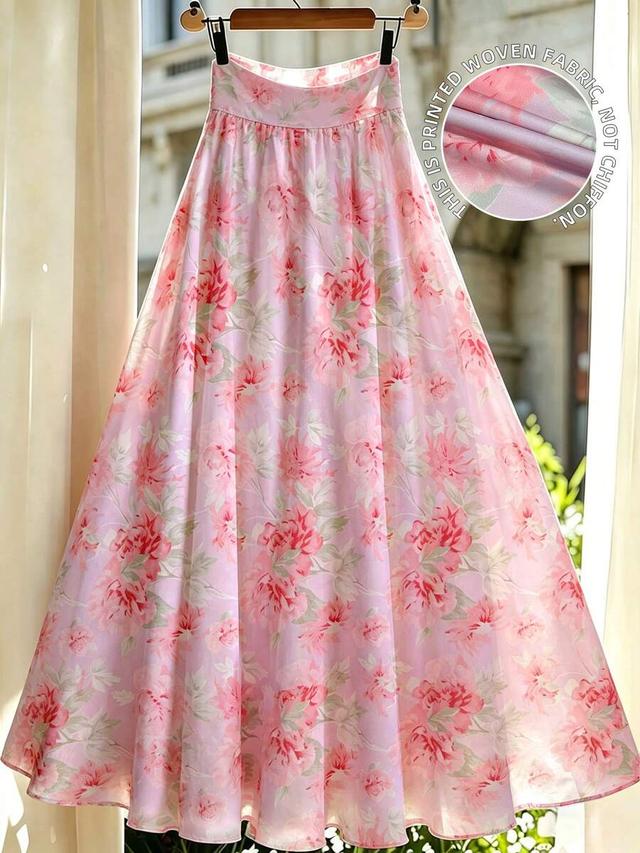 pink floral printed woven flare maxi skirt