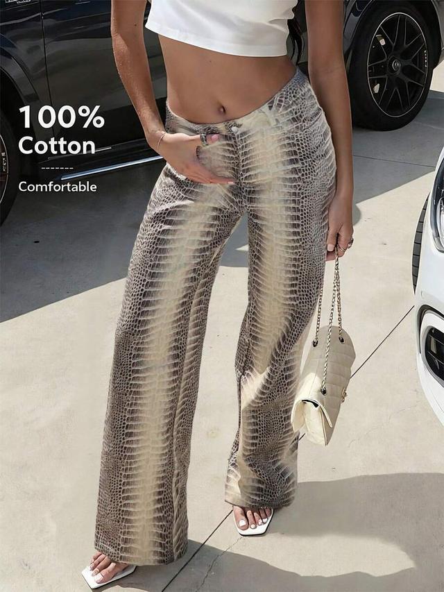 snake print cotton straight leg casual pants