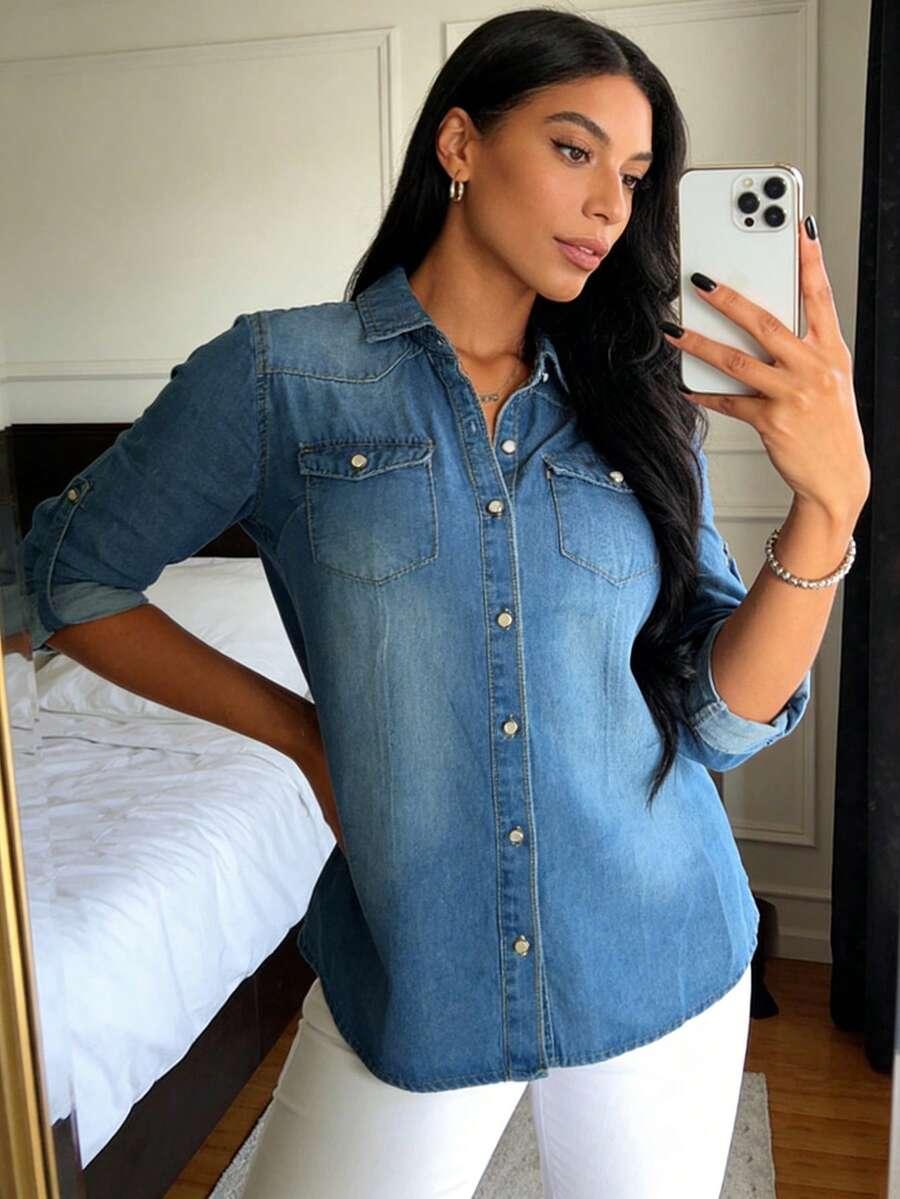 women's western denim snap button long sleeve shirt