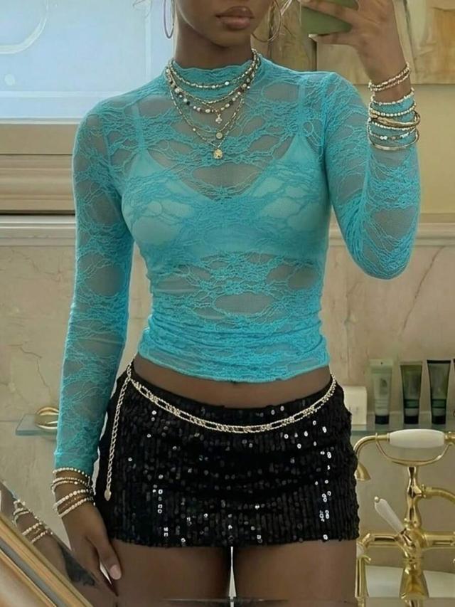 egrlera turquoise lace trimmed slim fit long sleeve top