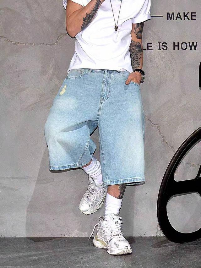 men's retro washed light blue wide-leg denim shorts