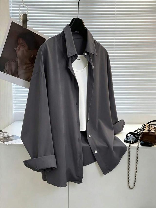 grey single-breasted casual loose long sleeve shirt