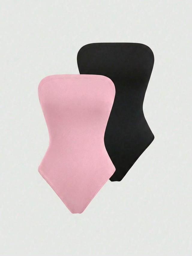 pink two strapless sleeveless bodysuit in pink and black