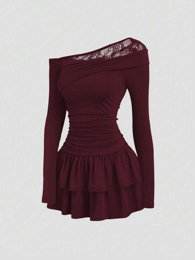burgundy lace patchwork oblique shoulder cinched mini dress