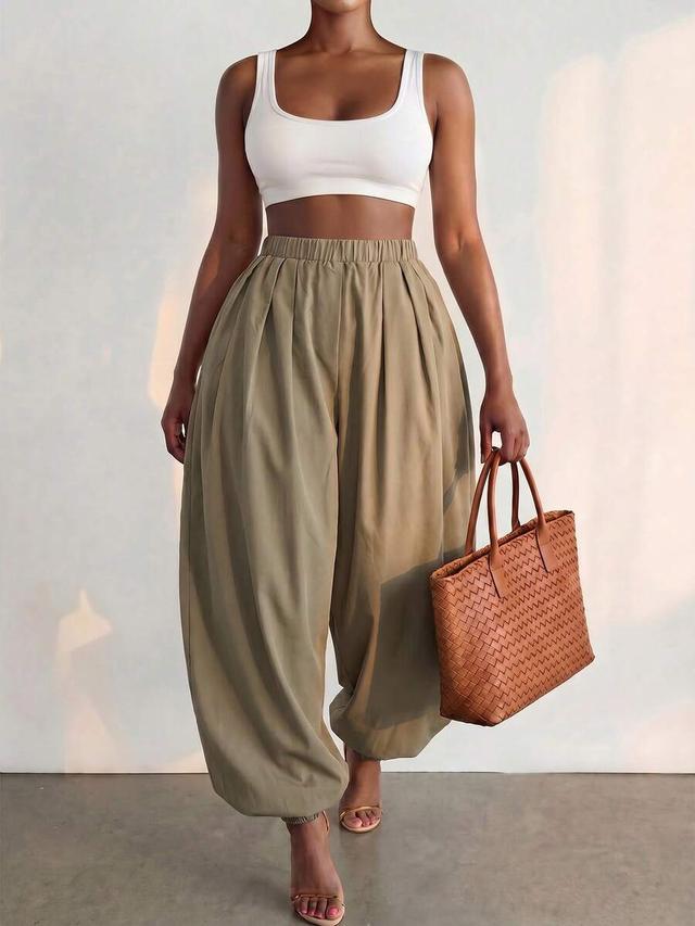bamglimmer solid color elastic waist cuffed long pants