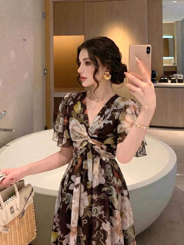 women's elegant romantic floral print loose fit dress