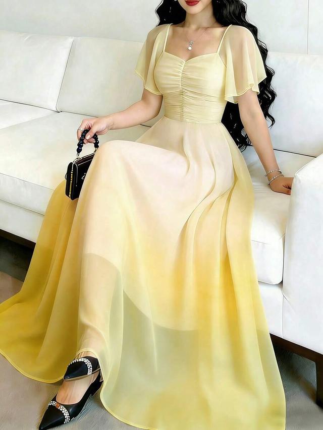yellow ombre print square neck flutter sleeve dress