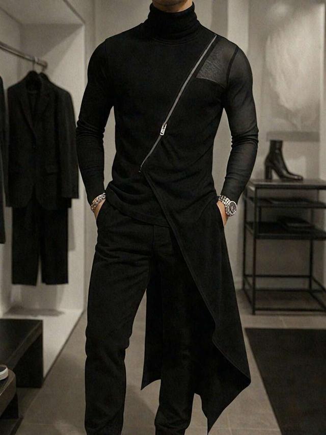 black high neck asymmetrical mesh patchwork long sleeve top