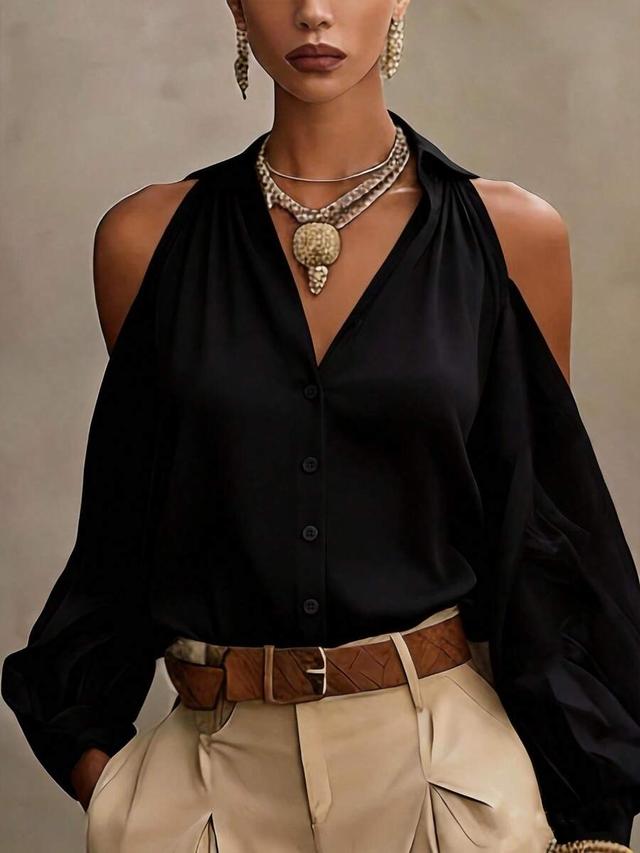 women's fashion cold shoulder button front black blouse