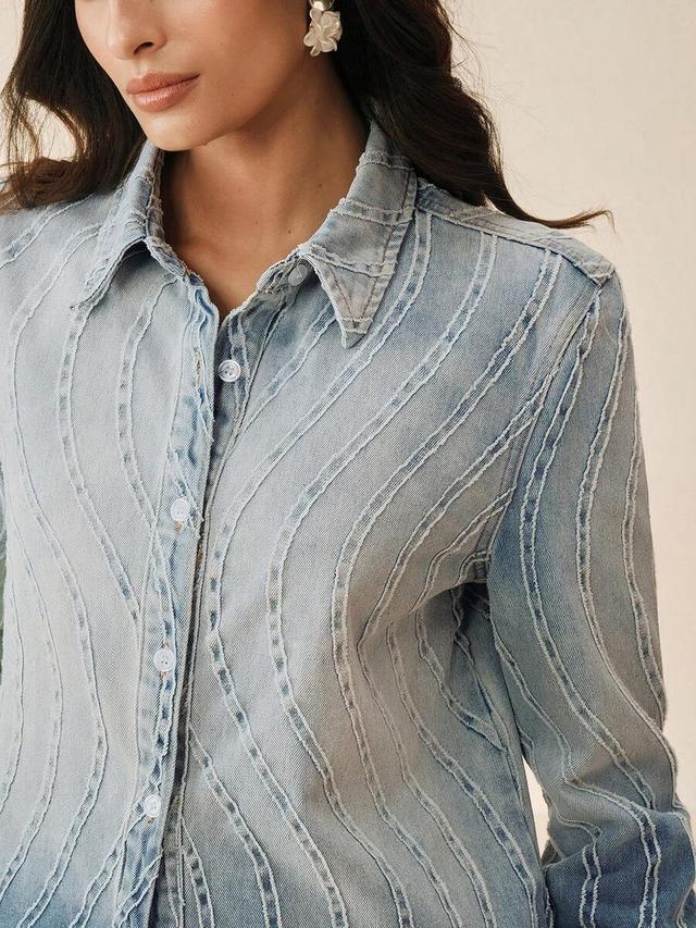 ombre washed blue denim shirt with wavy frayed seams