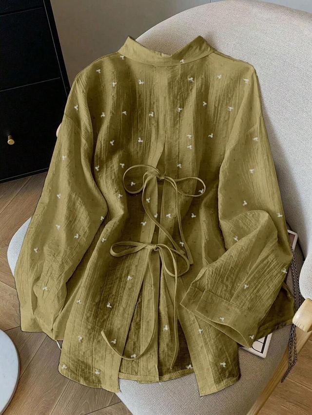olive green embroidered loose backless tie-up shirt