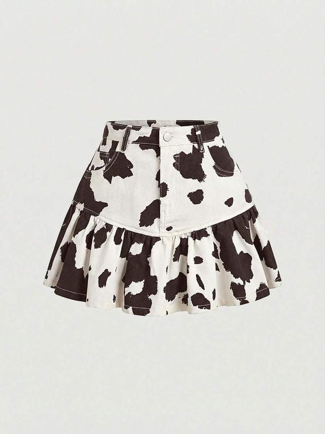 cow print denim mini skirt with ruffle hem