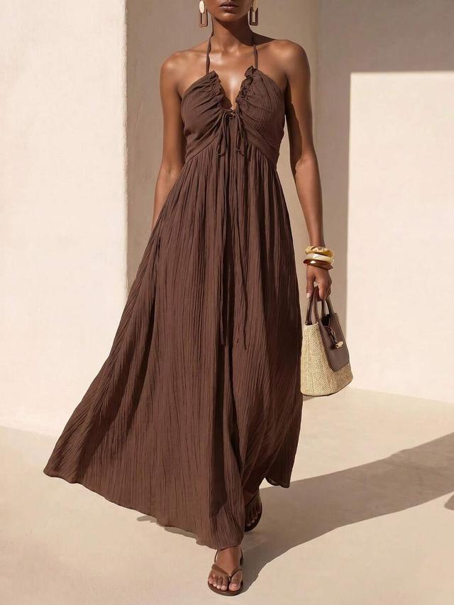 solid brown backless halter neck long summer dress