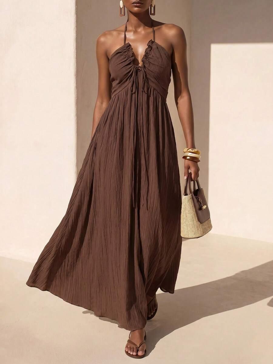 solid brown backless halter neck long summer dress
