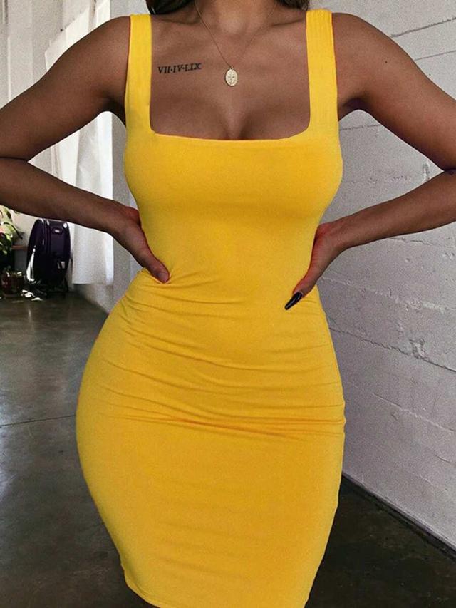 inawly solva yellow solid color minimalist fitted dress