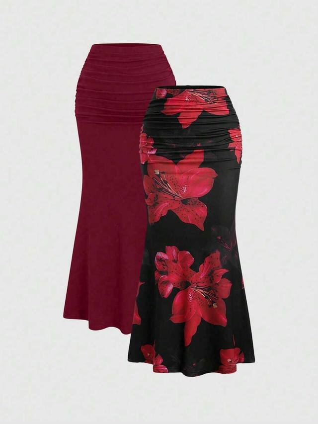 burgundy floral print mermaid skirt with ruched waist