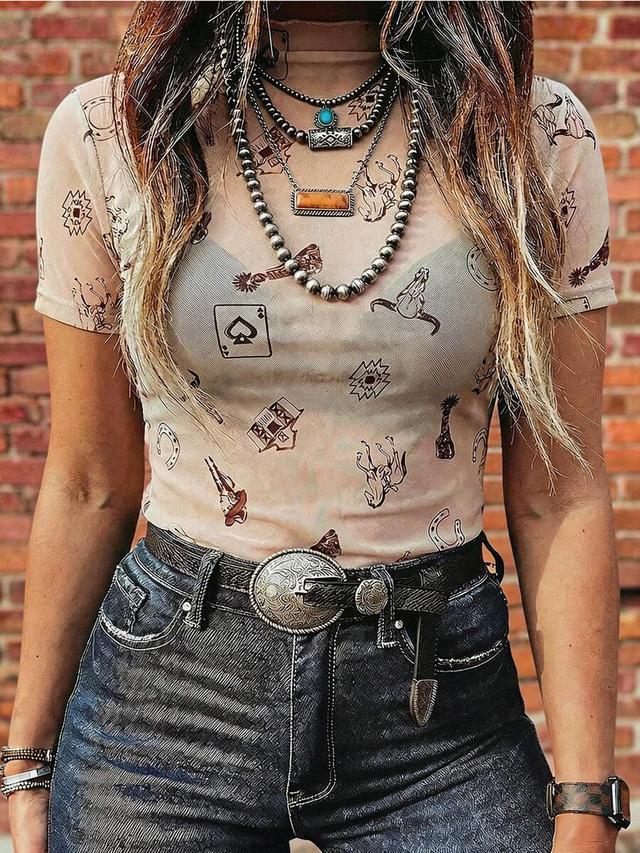wheat colored western cowgirl mesh print fitted top
