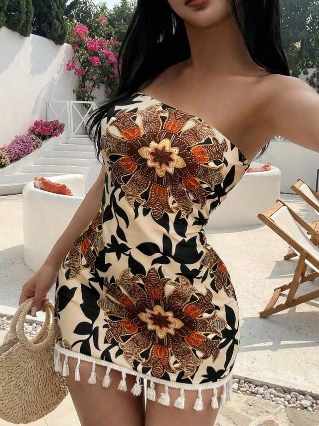 floral print strapless mini dress with fringe hem