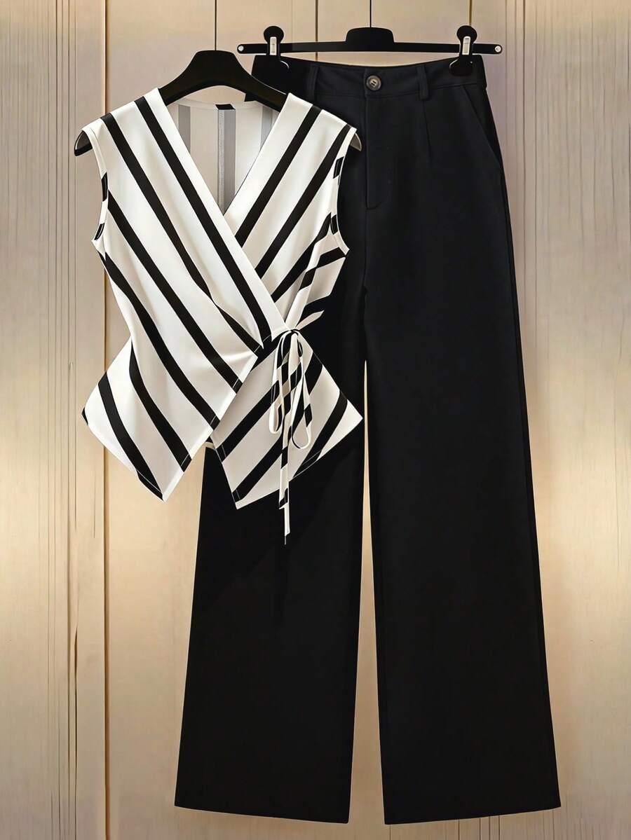 striped wrap tie blouse and high-waisted wide leg pants