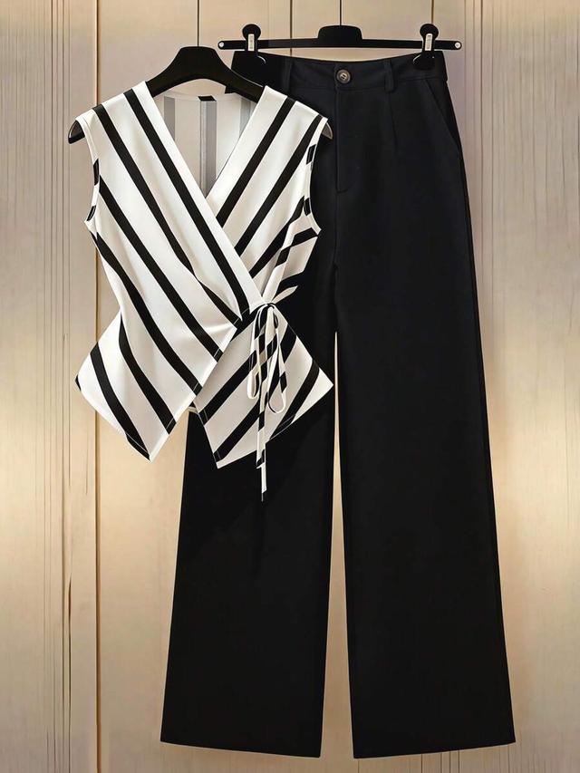 striped wrap tie blouse and high-waisted wide leg pants