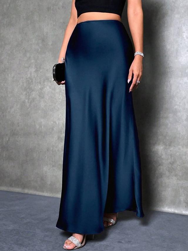 elegant navy blue satin maxi skirt