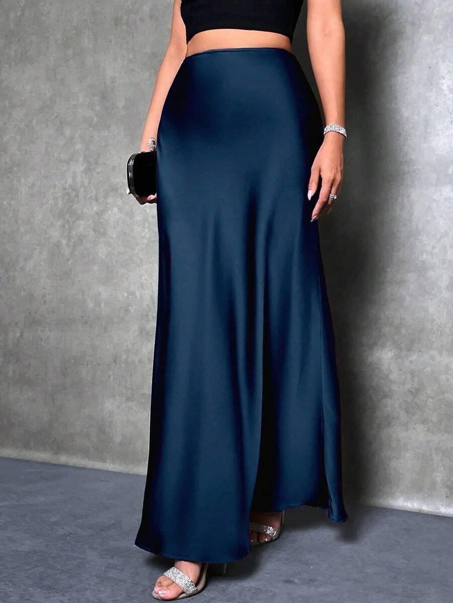 elegant navy blue satin maxi skirt