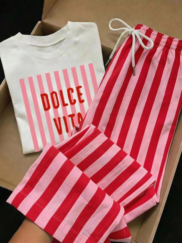 white graphic comfortcana women's letter print t-shirt and striped pants set