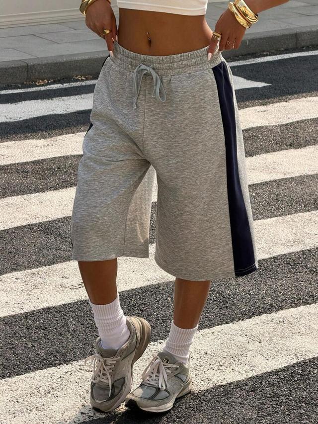 grey patchwork loose bermuda sweat shorts