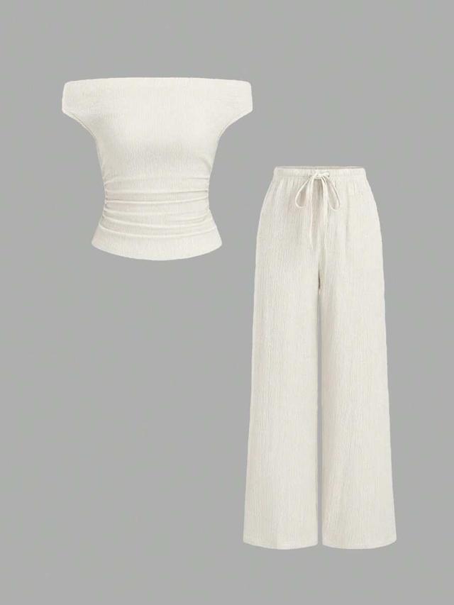 solid color open shoulder top and wide-leg pants set