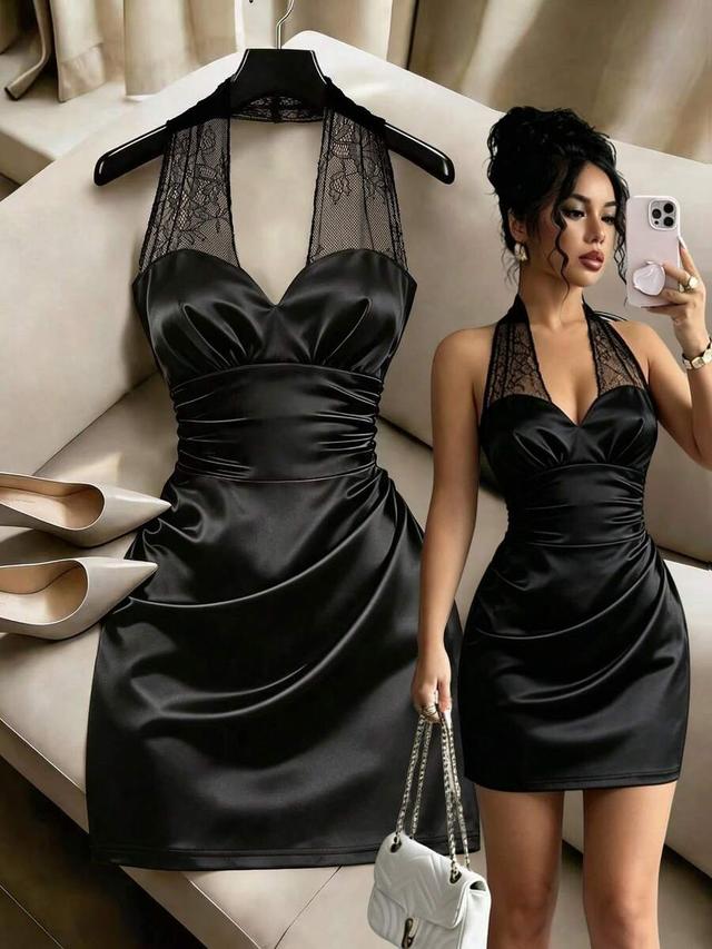 black satin halter dress with lace neckline