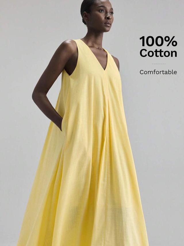 yellow sleeveless v-neck loose cotton dress