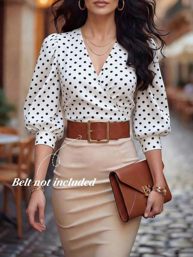 v-neck polka dot puff sleeve cinched waist blouse