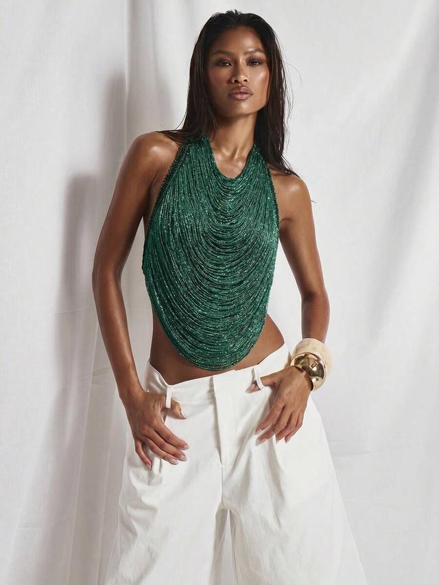 musera high cowl neck draped fringe open back fitted top