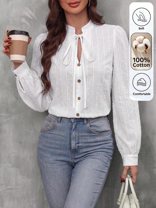 white jacquard textured cotton long sleeve blouse
