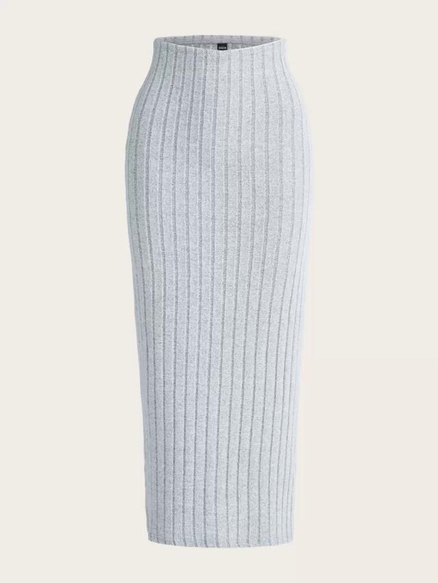high waist ribbed knit midi skirt