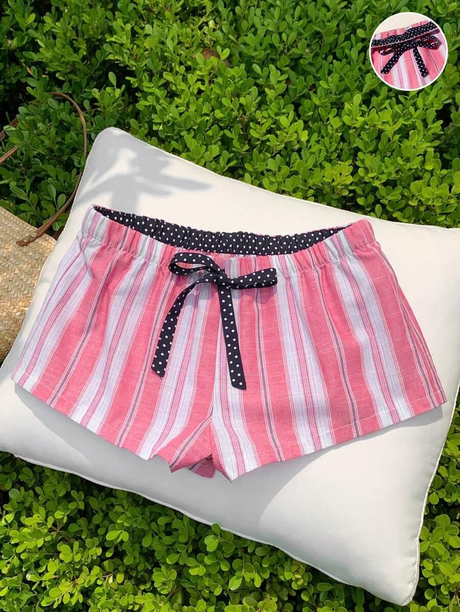 pink striped cotton beach shorts with polka dot tie
