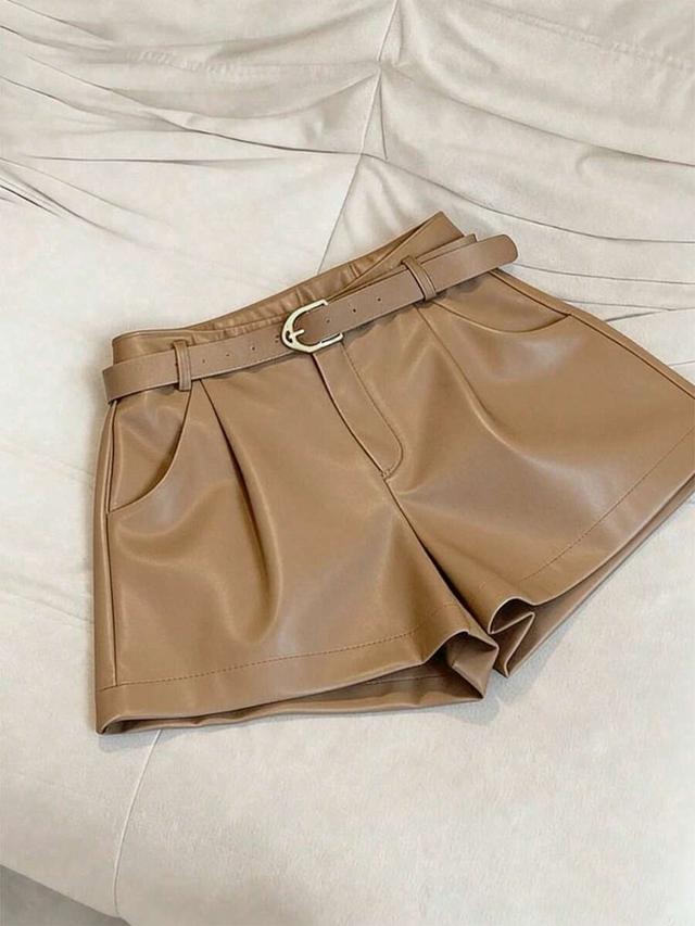 tan pu leather pleated waist shorts