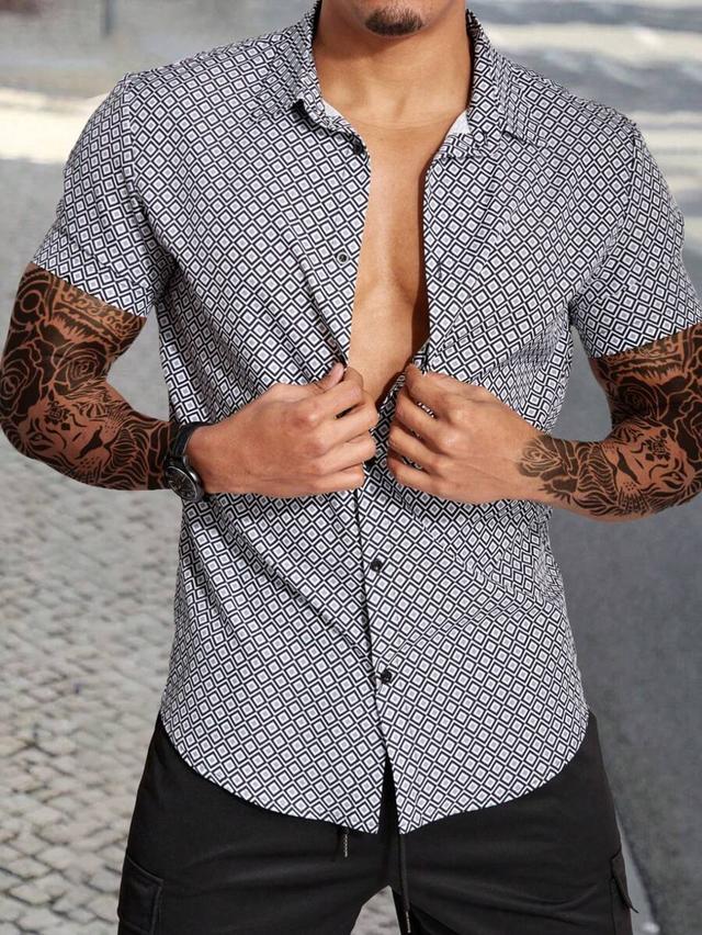 geometric print short sleeve slim fit button up shirt