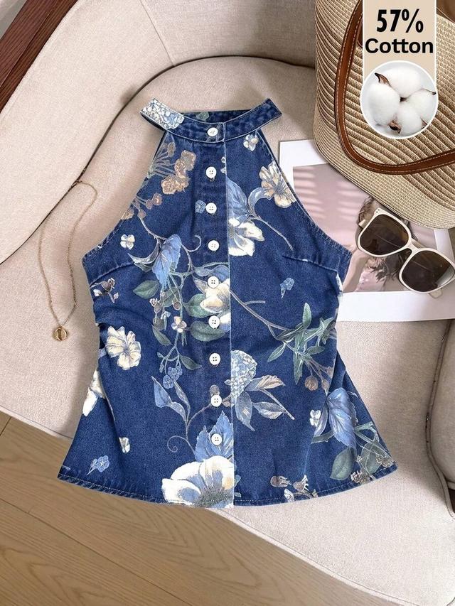 floral print denim halter neck button down top