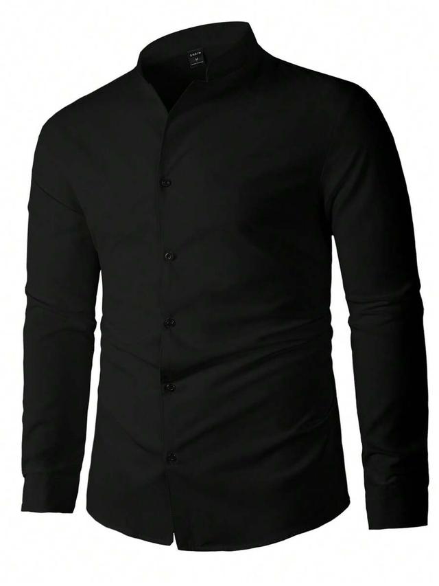 calvornis men's solid black stand collar formal shirt