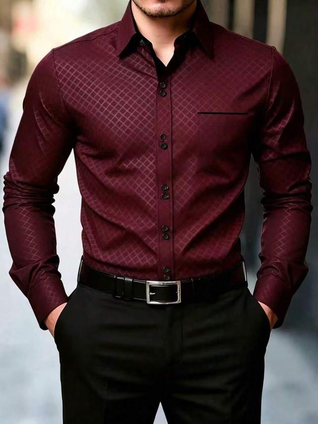burgundy diamond jacquard long sleeve button-up shirt