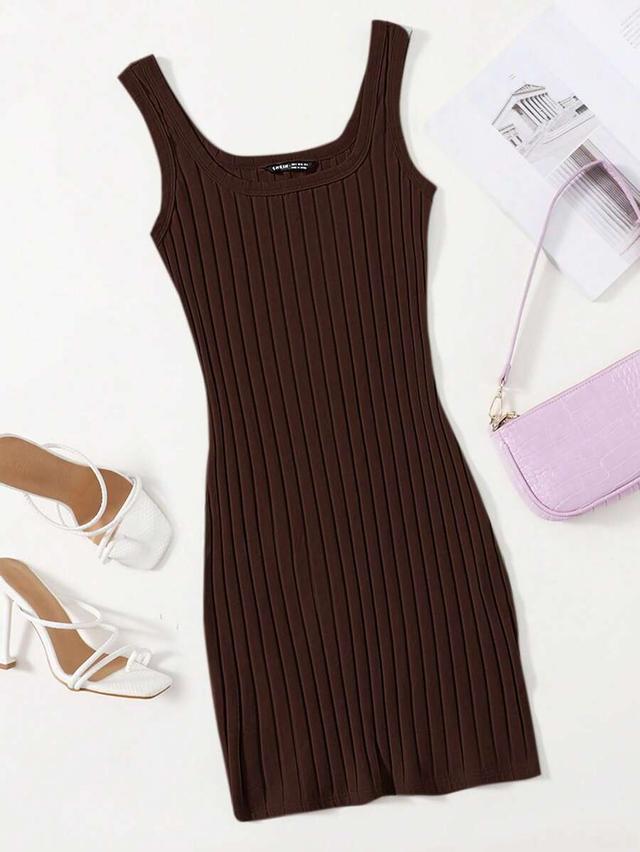 brown rib-knit sleeveless bodycon dress