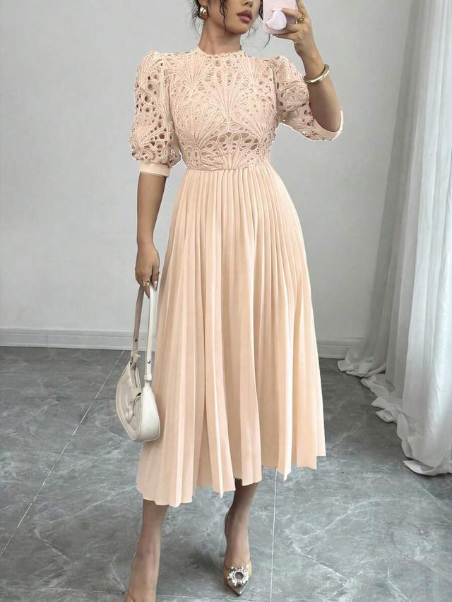 elegant contrast lace puff sleeve pleated midi dress