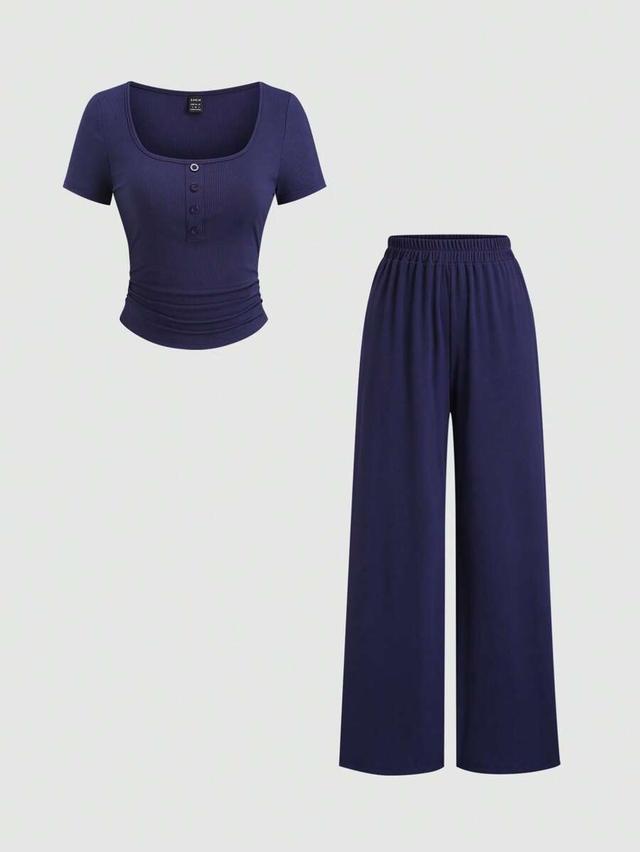 navy blue ribbed square neck top and trousers set
